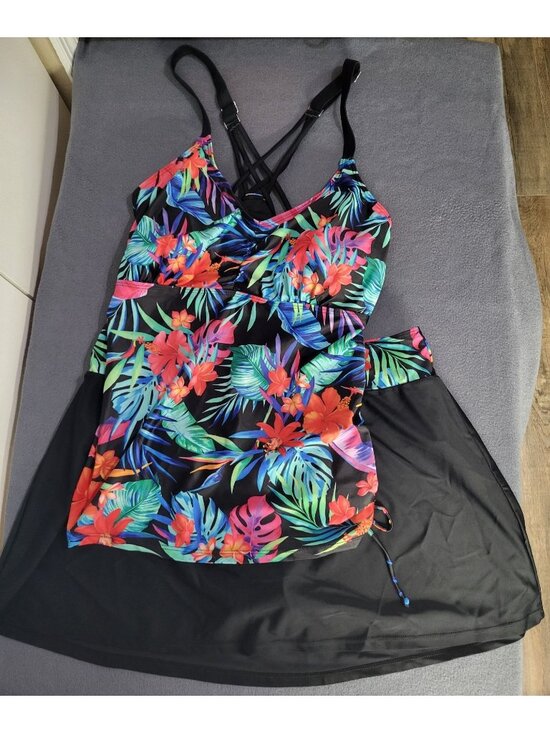 Daci Other - DACI Women's XL Two Piece Tankini Skirt Swimsuit Tropical Black